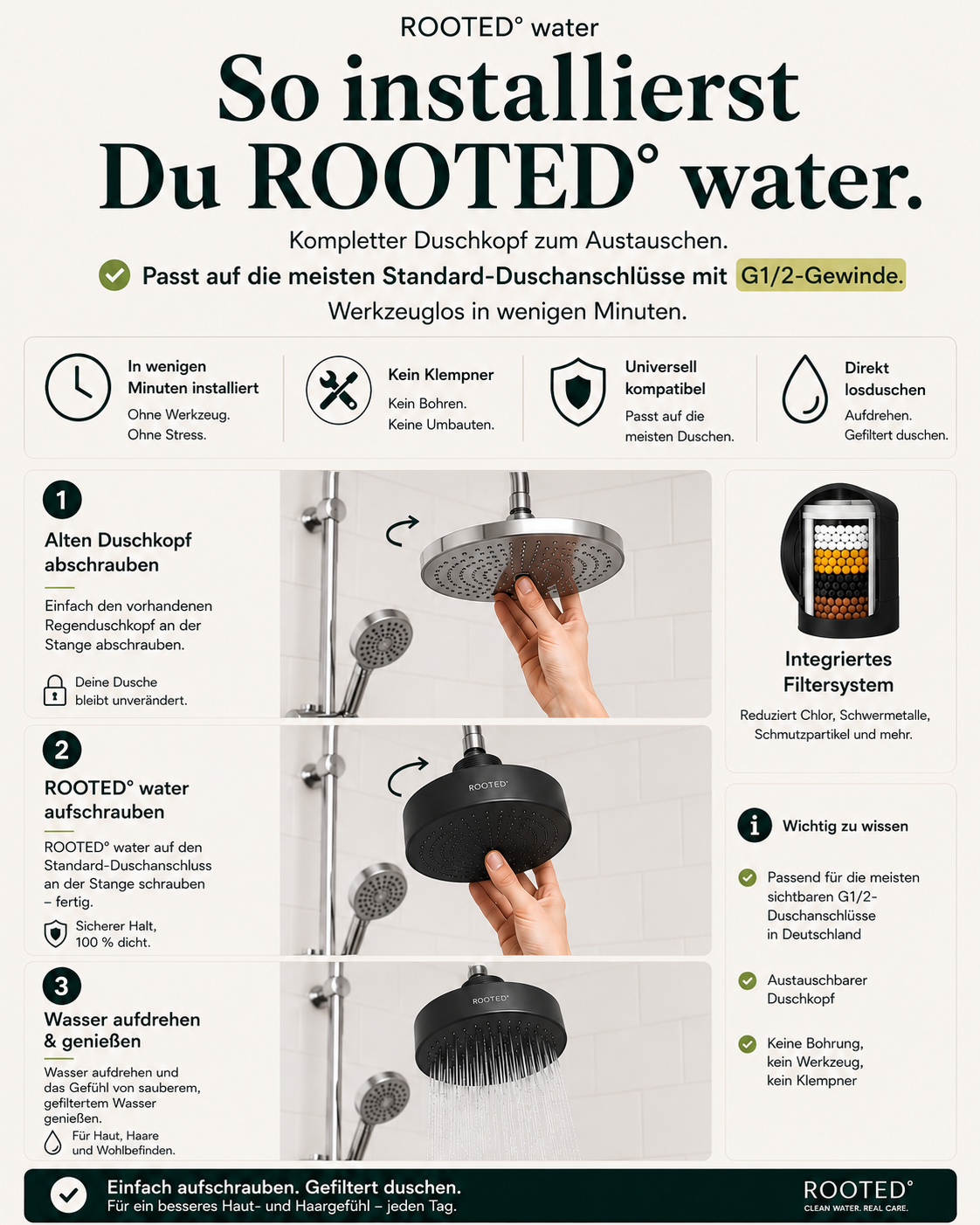 Spürbar bessere Haut & Haare in 30 Tagen: Deine Regendusche mit Filtersystem
