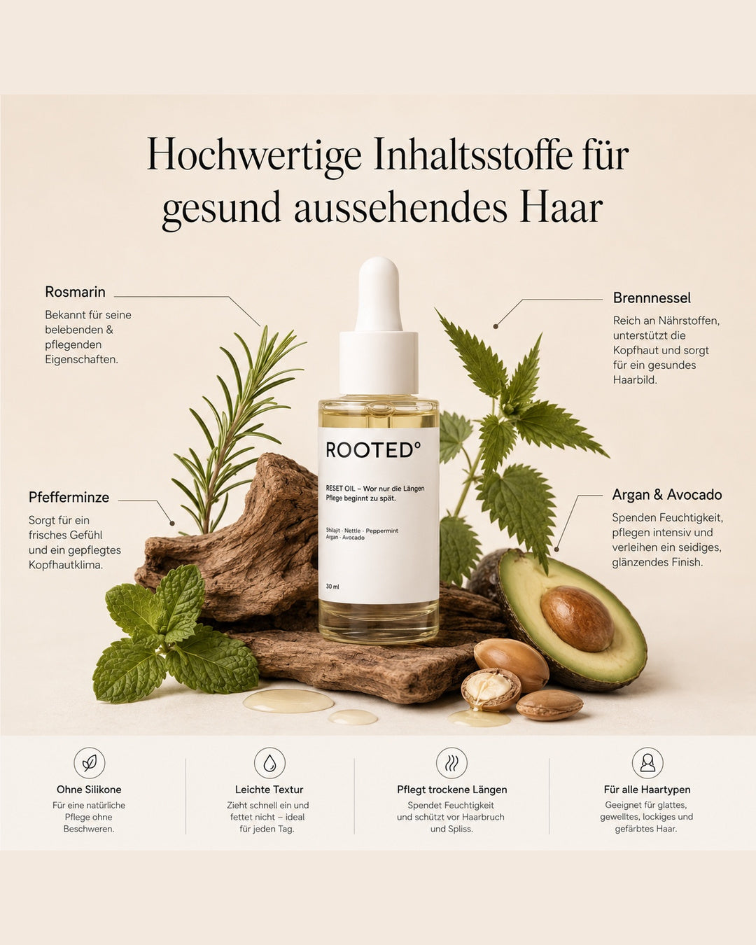 ROOTED° hair — Reset Oil: Für gepflegte Längen, weniger Frizz und natürlichen Glanz.